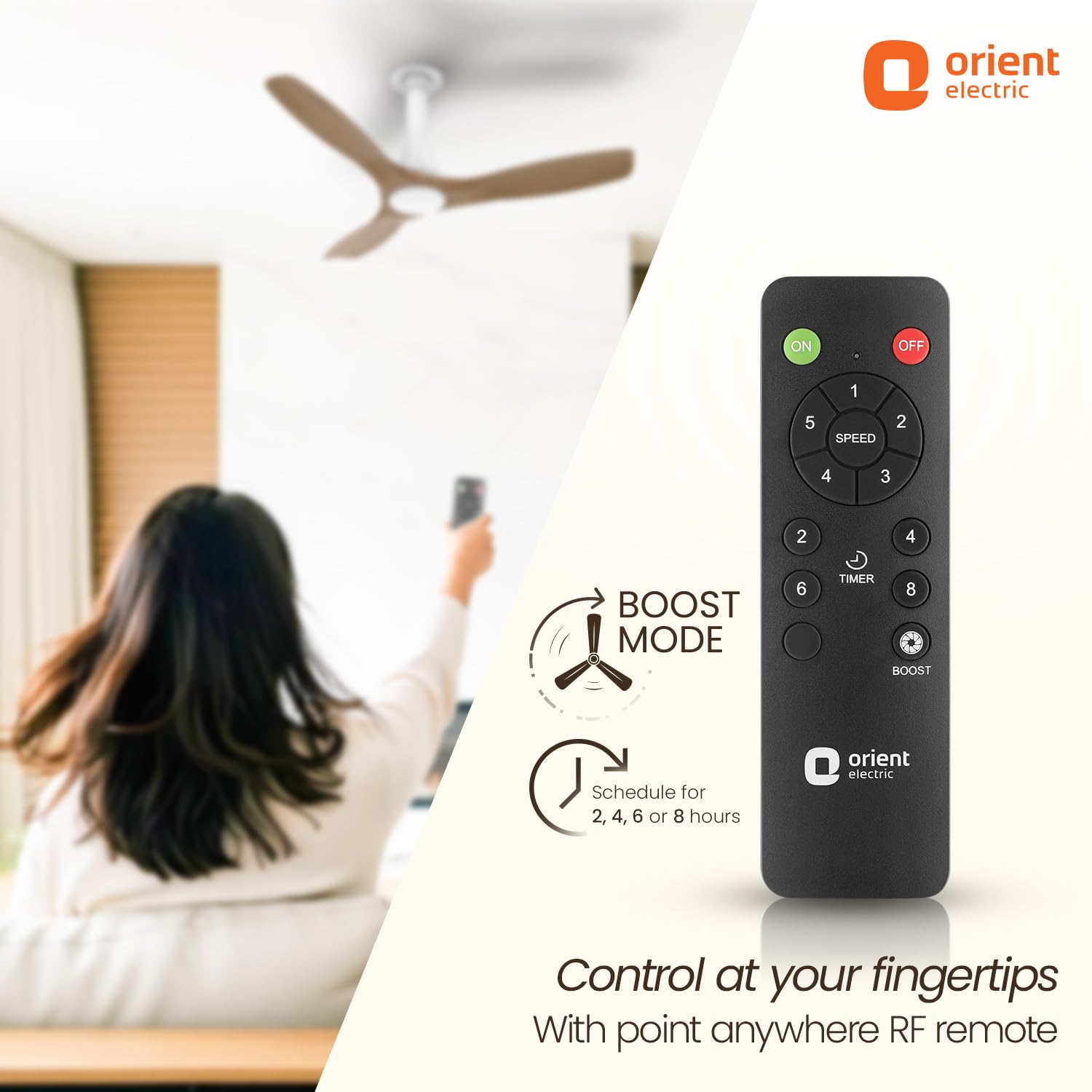 Orient Electric remote control with boost mode feature, woman using ceiling fan in background