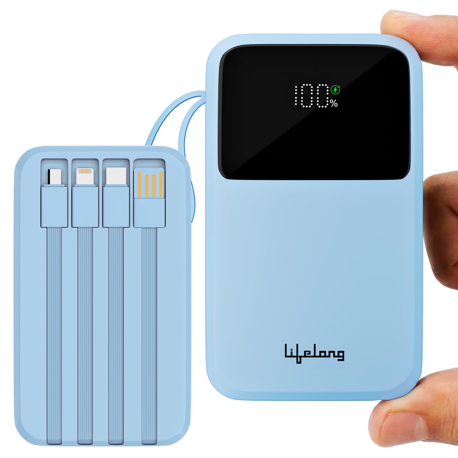 Lifelong 10000mAh 22.5W fast charging power bank in light blue with LED digital battery display, compact pocket-size design, and four built-in charging cables including USB-A, USB-C, Lightning, and Micro USB for charging multiple devices.
