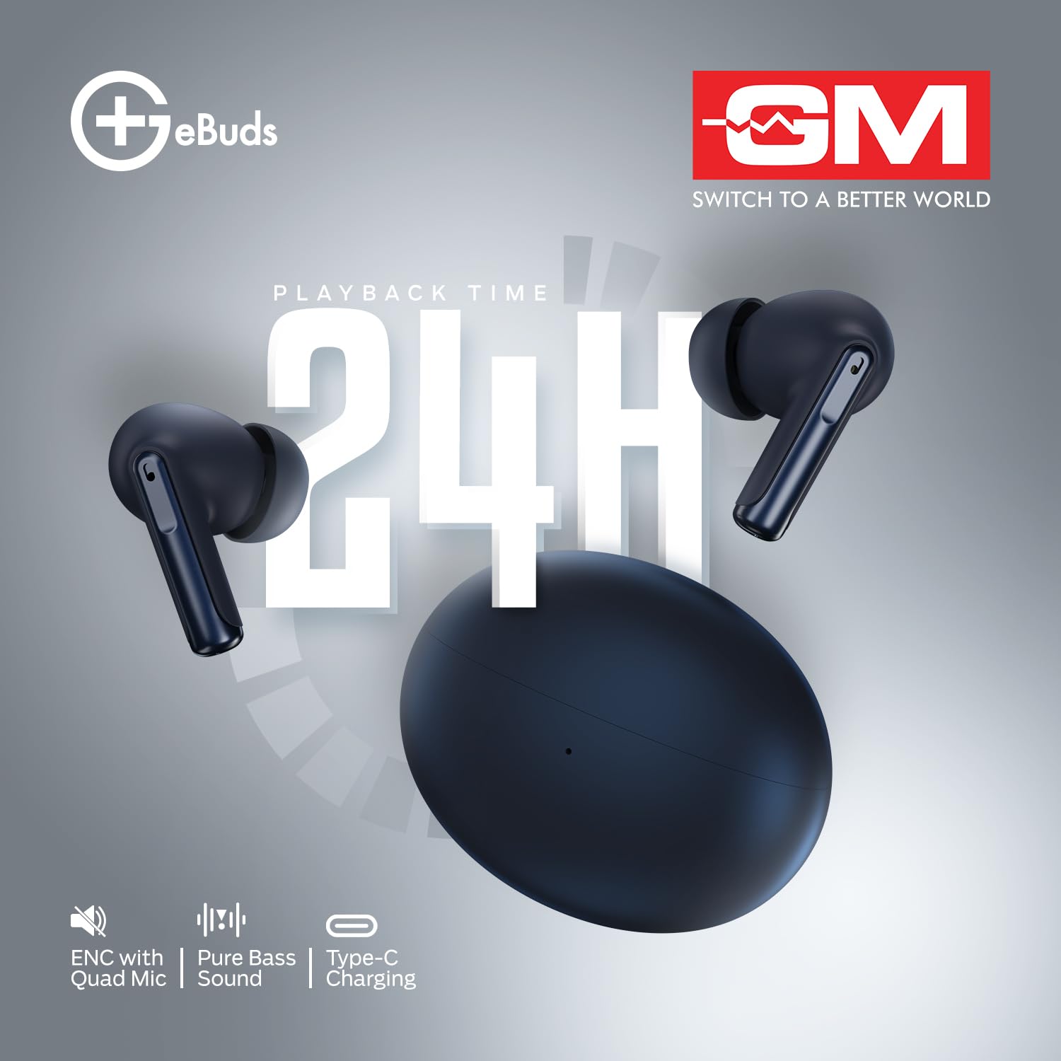 GM True Wireless Earbuds with Wireless Charging, Pure Bass, Quad-Mic Crystal Clear Calls, 45ms Low Latency, IPX 4 (Black)