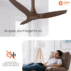 Ceiling fan with a person relaxing in a living room, featuring Orient Electric branding.