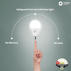 A hand points upward toward a glowing white LED light bulb centered on a muted green-gray background. White text reads 'Safeguard from harmful blue light,' 'No Mercury,' and 'No Lead,' with the Orient Electric logo at top right and a Power Savings Guide badge at bottom right.