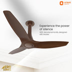 Ceiling fan with Aerodynamic blades on a white ceiling, featuring Orient Electric branding.