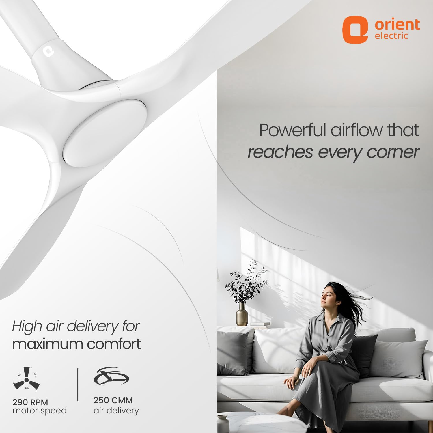 Orient Electric air conditioner advertisement with a woman sitting on a couch in a modern living room.