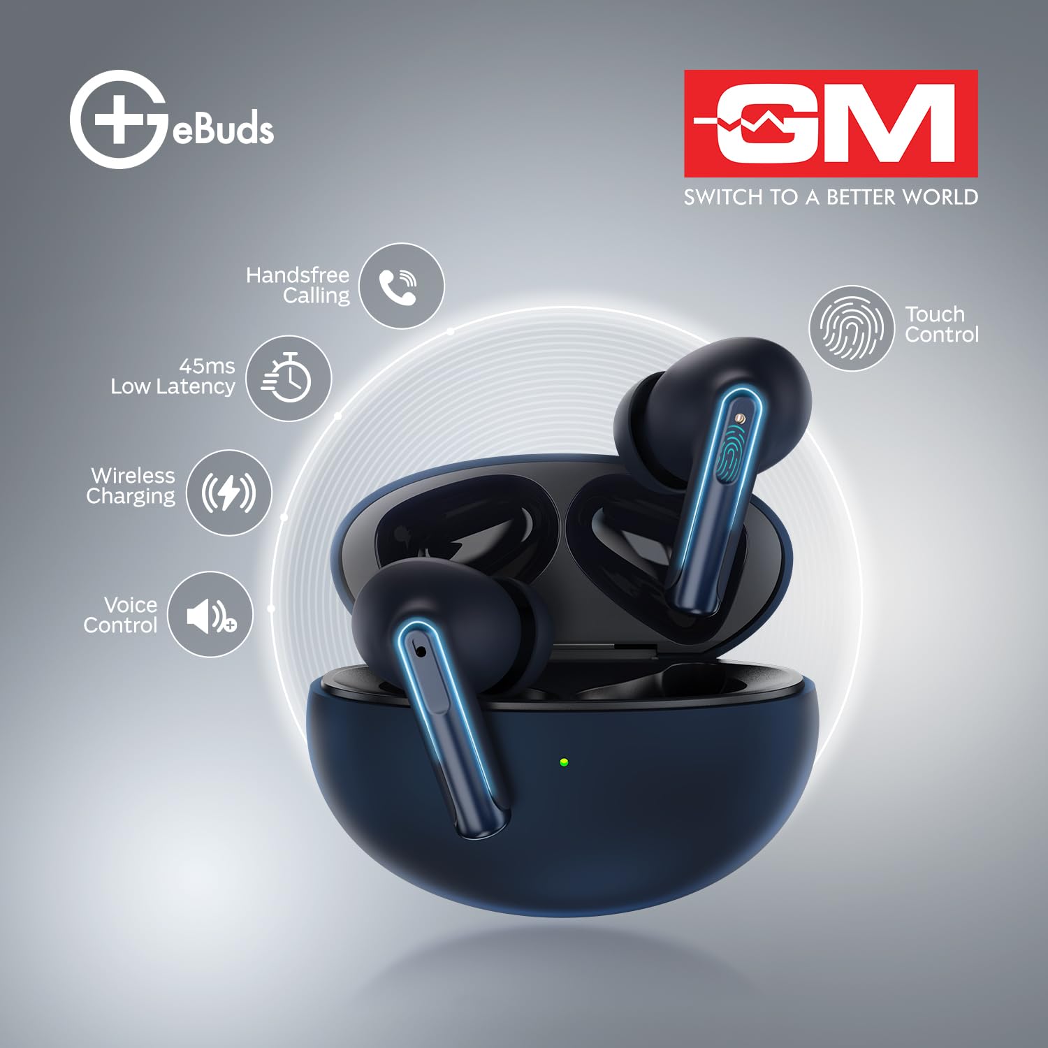GM True Wireless Earbuds with Wireless Charging, Pure Bass, Quad-Mic Crystal Clear Calls, 45ms Low Latency, IPX 4 (Black)
