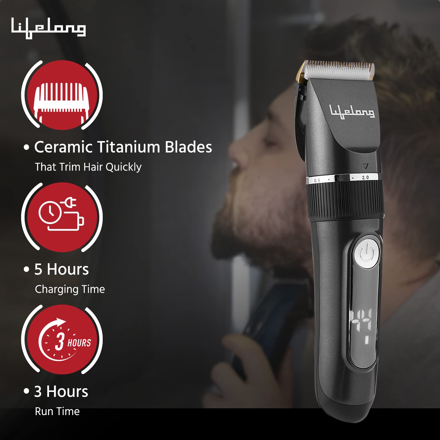 Lifelong LLPCM17 Ace Pro Rechargeable Hair Clipper With Digital Display, 3 Hours Runtime