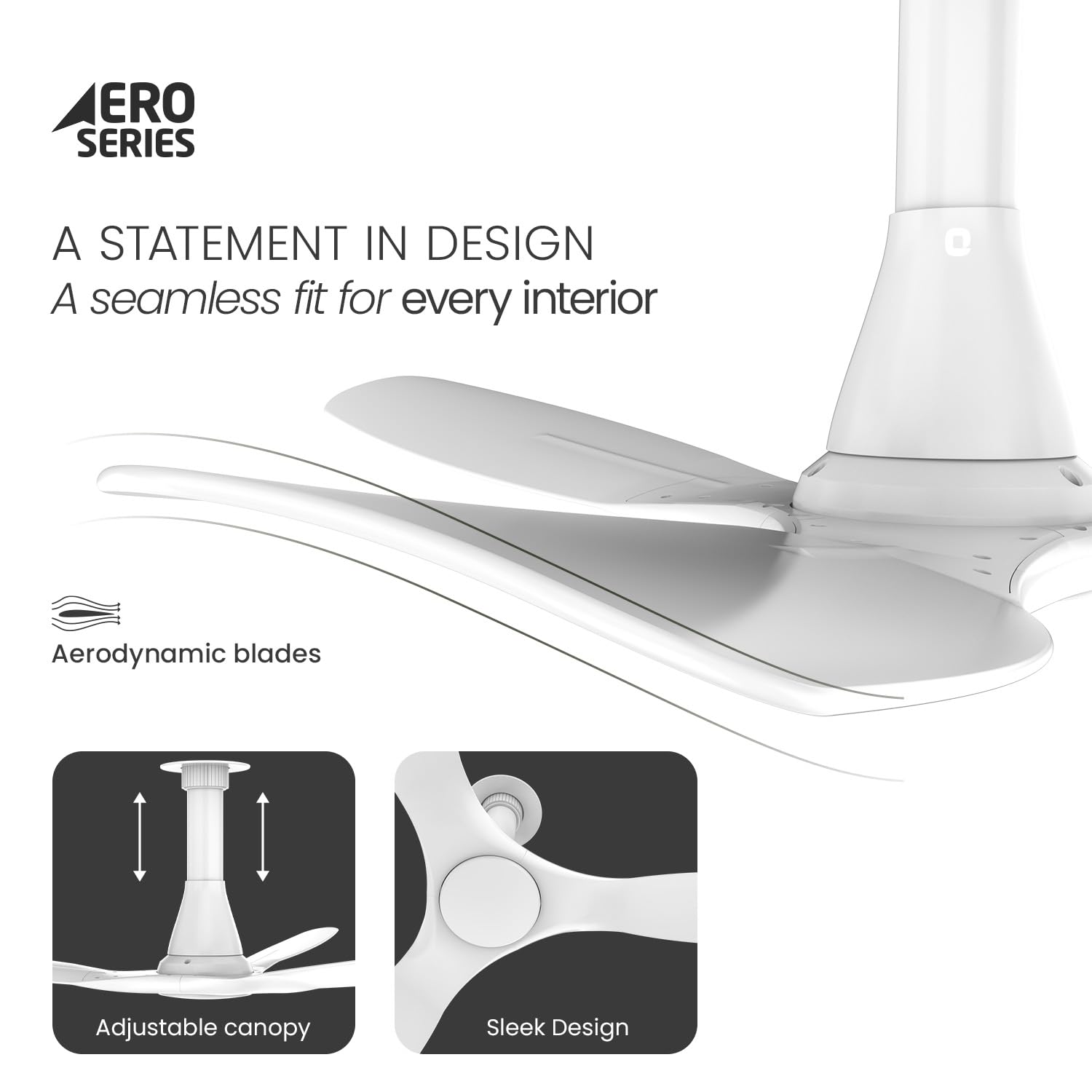 Ceiling fan with Aerodynamic blades and adjustable canopy features on a white background