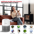 Woman holding a dog in a living room with a Honeywell air purifier and pollutant removal features displayed.