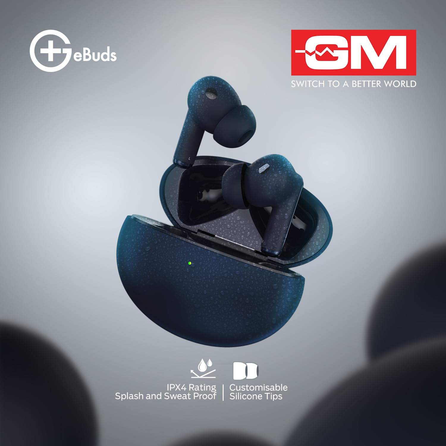 GM True Wireless Earbuds with Wireless Charging, Pure Bass, Quad-Mic Crystal Clear Calls, 45ms Low Latency, IPX 4 (Black)