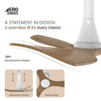 Ceiling fan with wooden blades and white frame, featuring Aerodynamic Blades, Adjustable Canopy, and Sleek Design text.