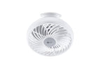 A white ceiling-mounted portable fan with a circular design and curved protective grille, shown against a plain white background.
