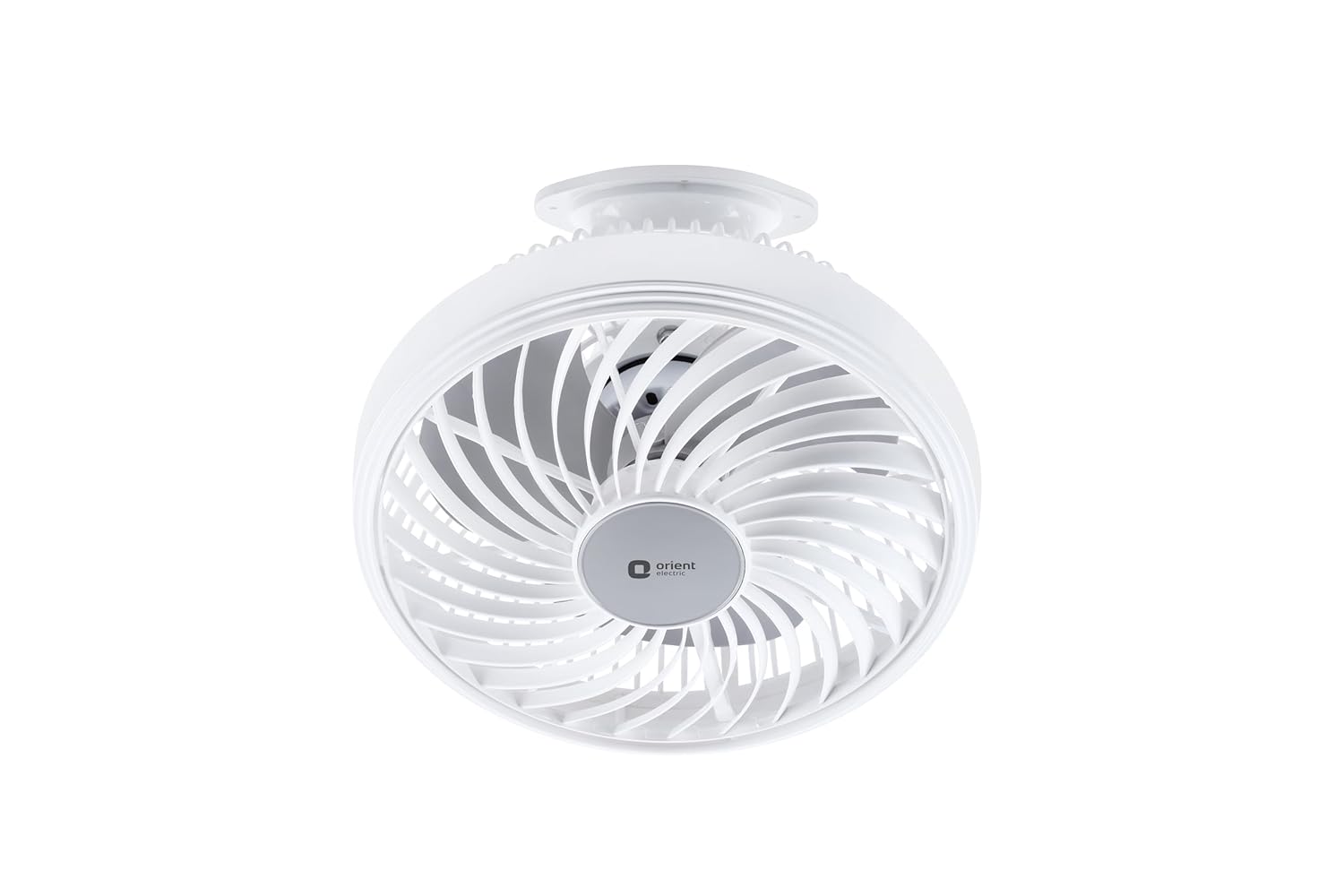 A white ceiling-mounted portable fan with a circular design and curved protective grille, shown against a plain white background.