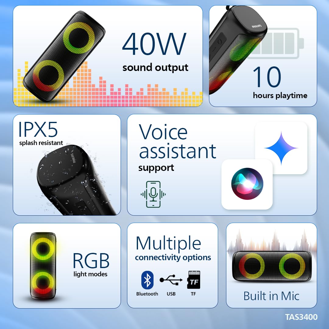 Philips Wireless Speaker TAS3400BK Portable Bluetooth