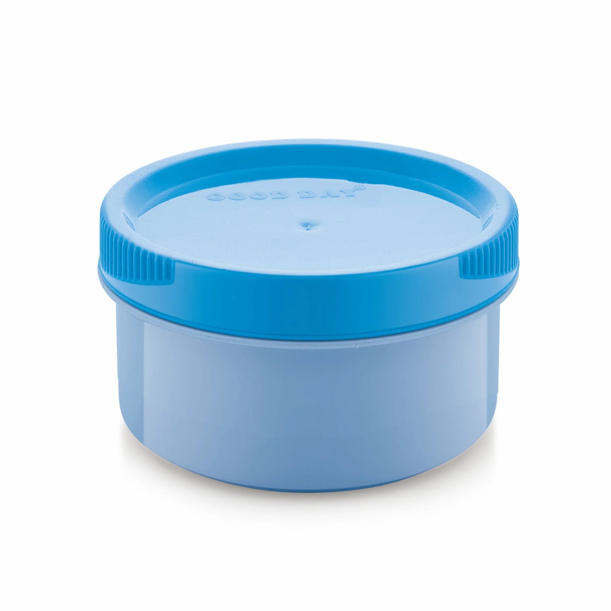 A light blue plastic round container with a matching blue screw-on lid, shown on a clean white background.