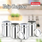 Four shiny stainless steel tulip-shaped canisters with matching lids, shown on a light countertop with a blurred kitchen background. The words 'Tulip Canister' appear at the top left, and the Maxima brand logo appears at the top right.