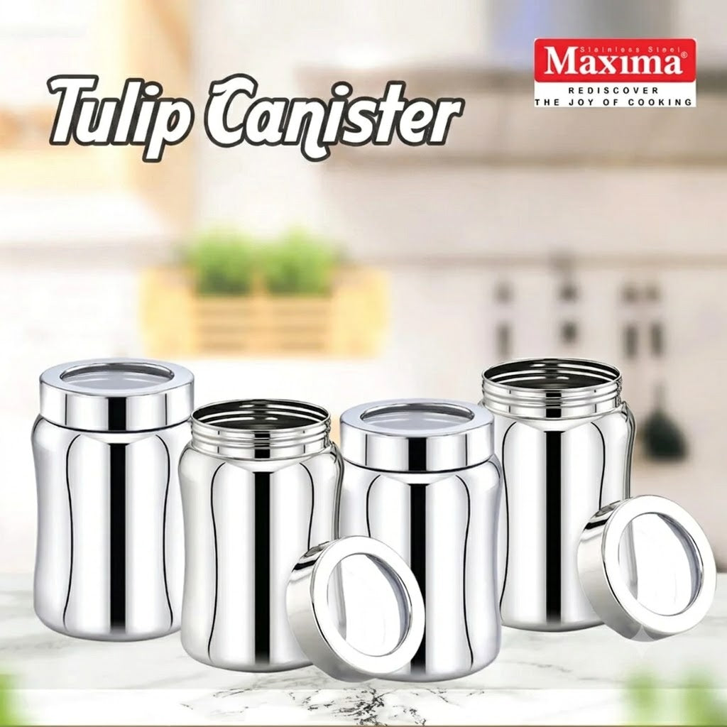 Four shiny stainless steel tulip-shaped canisters with matching lids, shown on a light countertop with a blurred kitchen background. The words 'Tulip Canister' appear at the top left, and the Maxima brand logo appears at the top right.