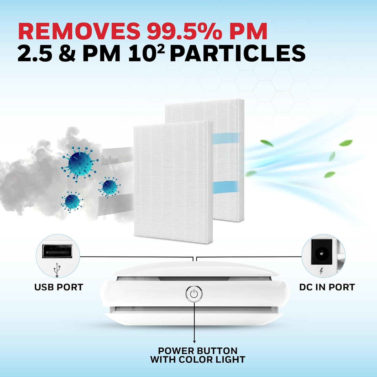 Air purifier with text indicating particle removal efficiency on a light blue background