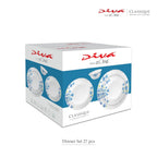 Diva from IN'ORA Classique dinner set box containing 27 pieces, featuring white plates with blue floral patterns and a blue and white design on the packaging.