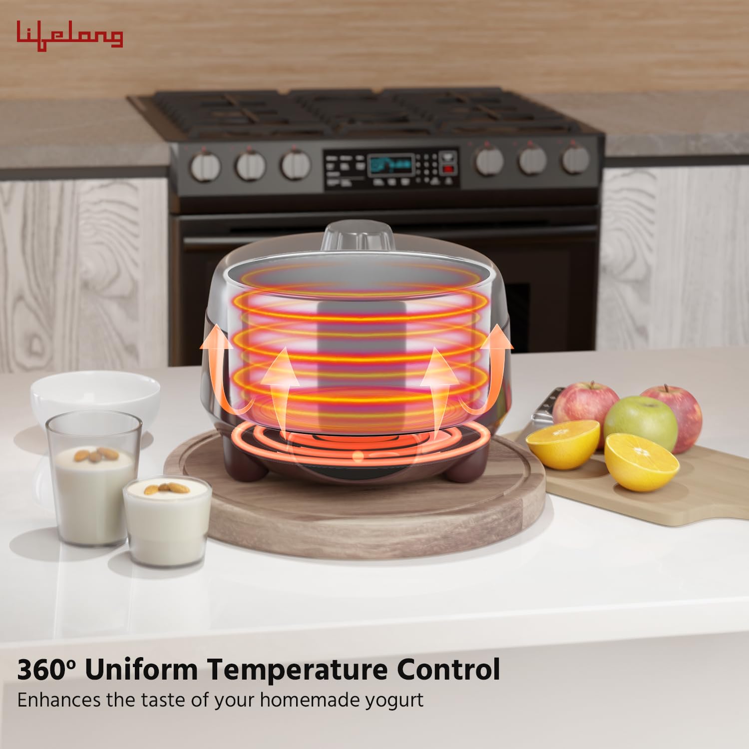 Yogurt maker on a kitchen counter with apples and yogurt glasses, featuring 'Lifelong' brand.