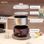 Multilevel rice cooker with labeled parts on a kitchen counter