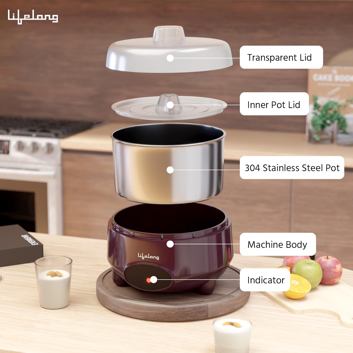 Multilevel rice cooker with labeled parts on a kitchen counter