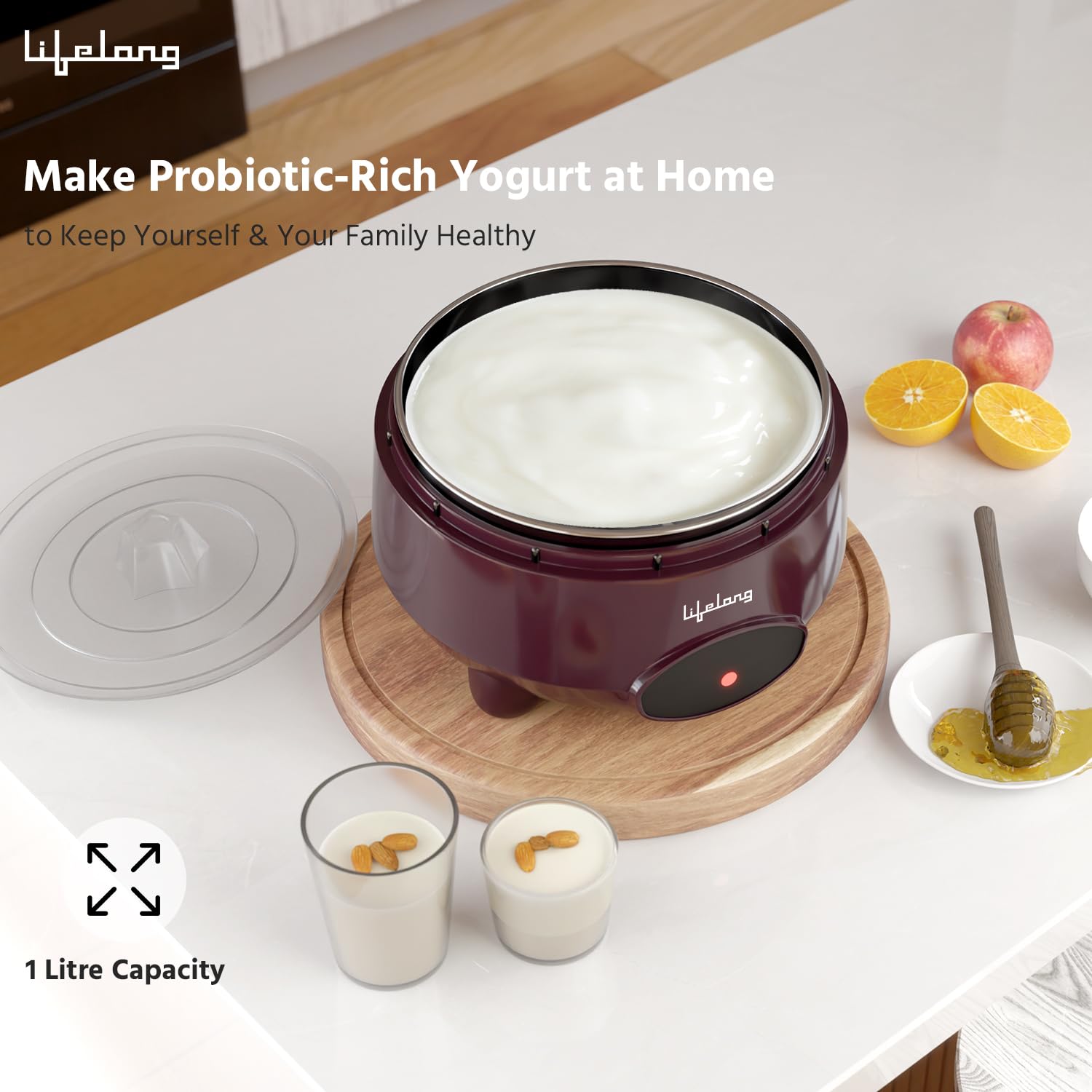 Yogurt maker with yogurt on a wooden board, surrounded by fruits and glasses of yogurt.