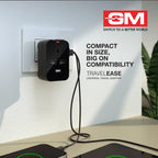 GM Travel ease Universal Travel Adapter in black with USB-A and USB-C charging ports, supporting six international plug types (Type A, B, C, G, I, and E/F). Ideal for worldwide travel, compatible with multiple countries, and designed for charging smartphones, laptops, cameras, and other electronic devices.