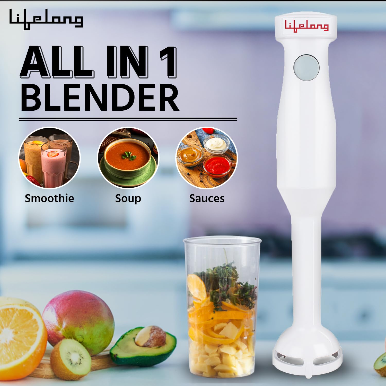 Lifelong All-in-1 Hand Blender in white with a sleek ergonomic design, displayed alongside fresh fruits and a blending cup. Ideal for making smoothies, soups, sauces, purees, milkshakes, and everyday kitchen blending tasks.