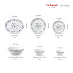 Diva from D'Orla Classique collection dinnerware set with dimensions for oval platter, full plate, quarter plate, serving bowl, soup bowl, and veg bowl, shown on a white background with product counts and measurements.