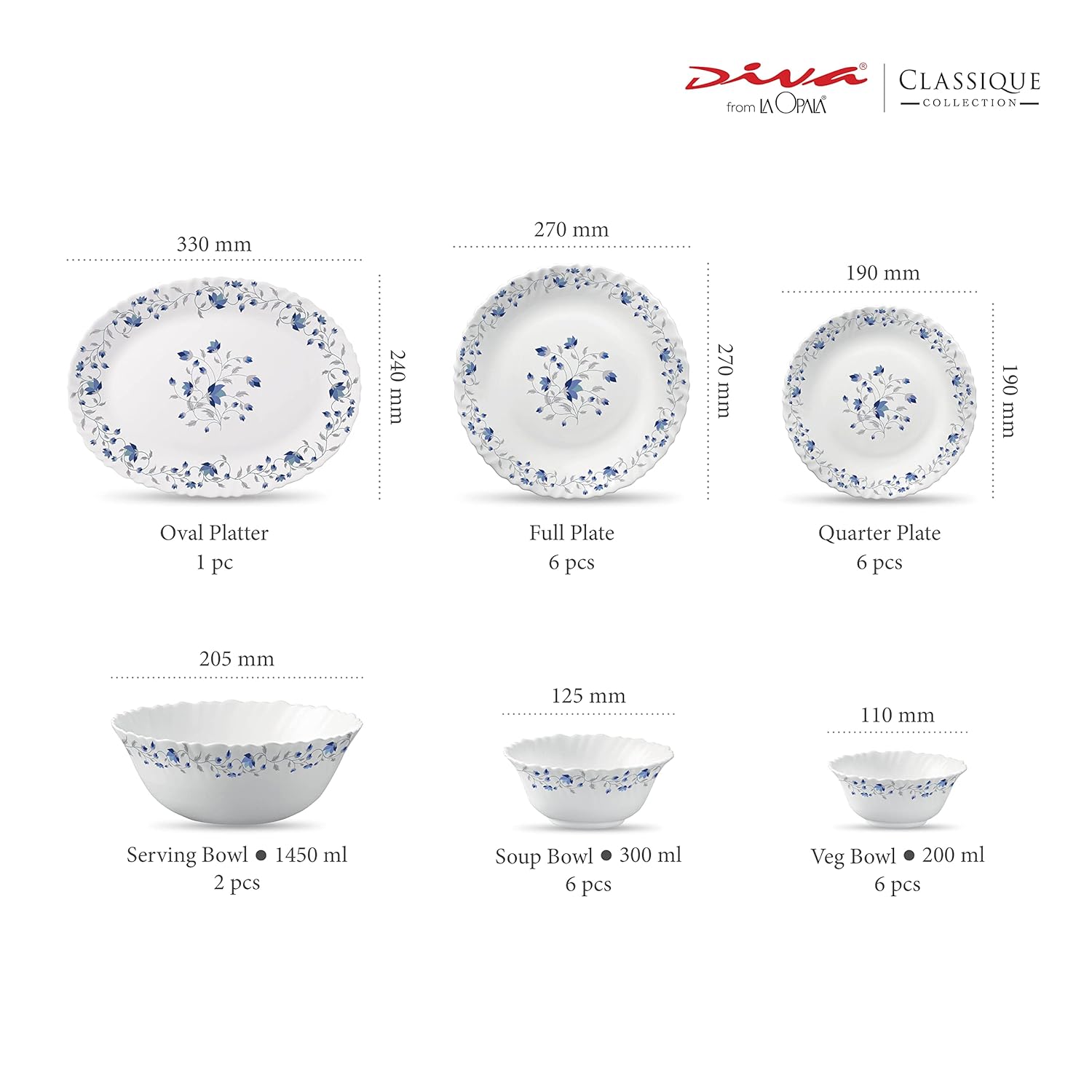 Diva from D'Orla Classique collection dinnerware set with dimensions for oval platter, full plate, quarter plate, serving bowl, soup bowl, and veg bowl, shown on a white background with product counts and measurements.