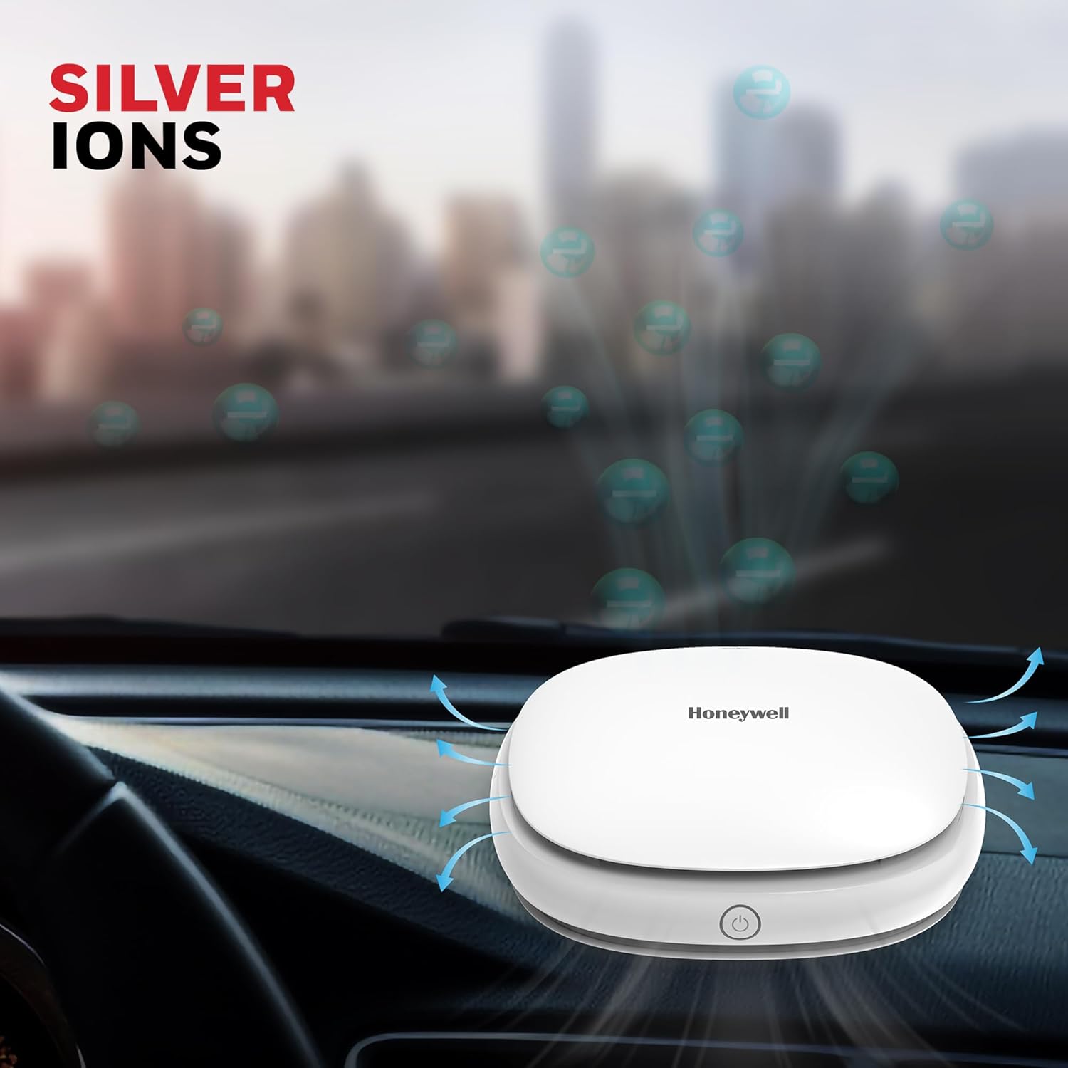 Honeywell air purifier on a car dashboard with 'Silver Ions' text above.