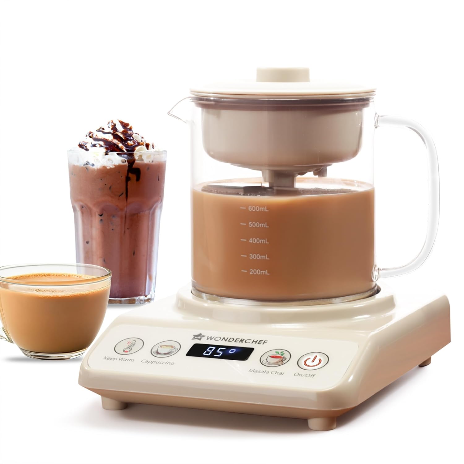 Wonderchef automatic tea maker with a digital touch control panel and transparent glass kettle, preparing masala chai. The image also features a glass of hot tea and a creamy iced chocolate drink, highlighting its versatility for making tea, cappuccino, and hot beverages at home.
