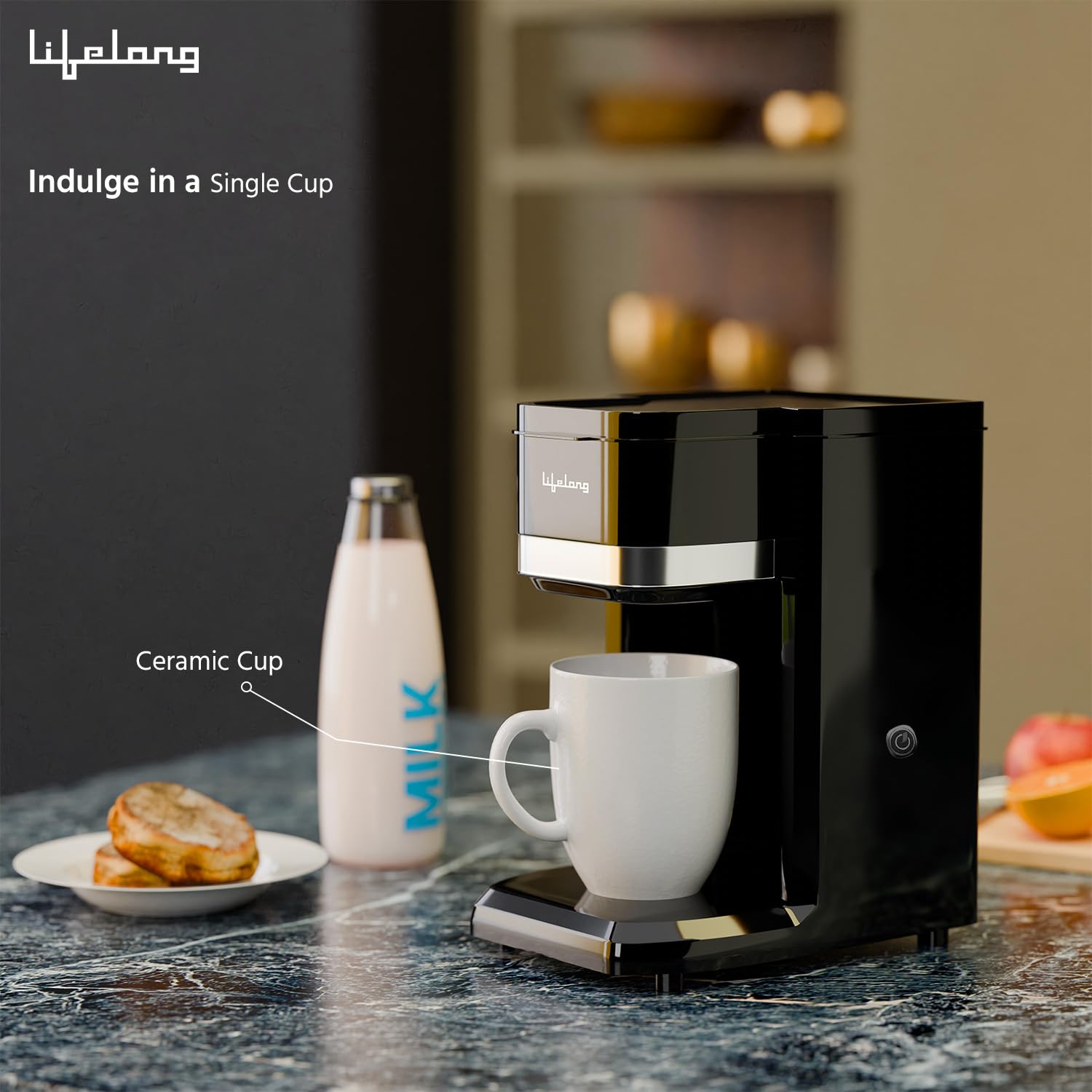 A black LifeLong single-serve coffee maker on a marble countertop, shown with a white ceramic cup under the brew basket and a milk bottle nearby. Text on the image reads 'Indulge in a Single Cup' and 'Ceramic Cup'.