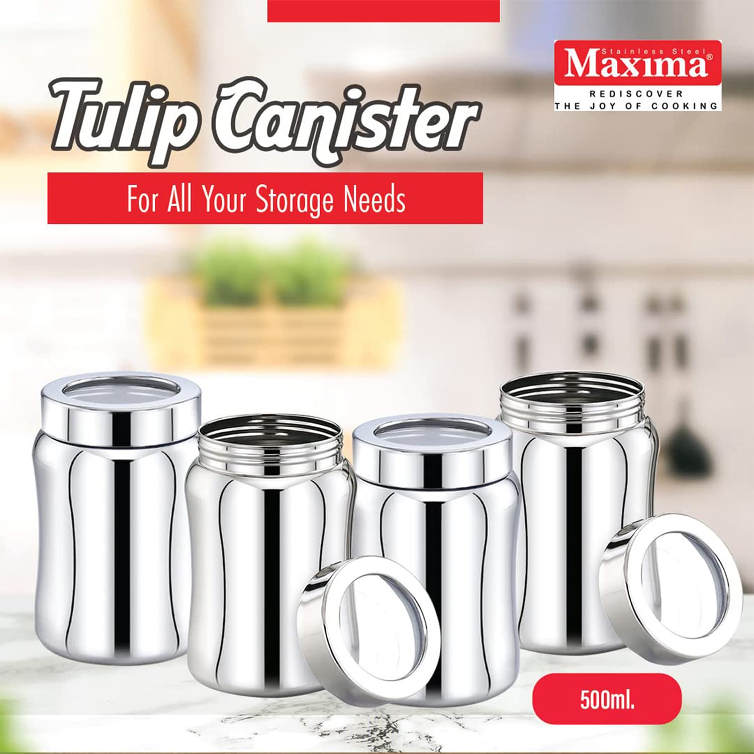 MAXIMA Tulip Stainless Steel Canister - Stylish and Durable Airtight Storage for Tea, Coffee, and Spices