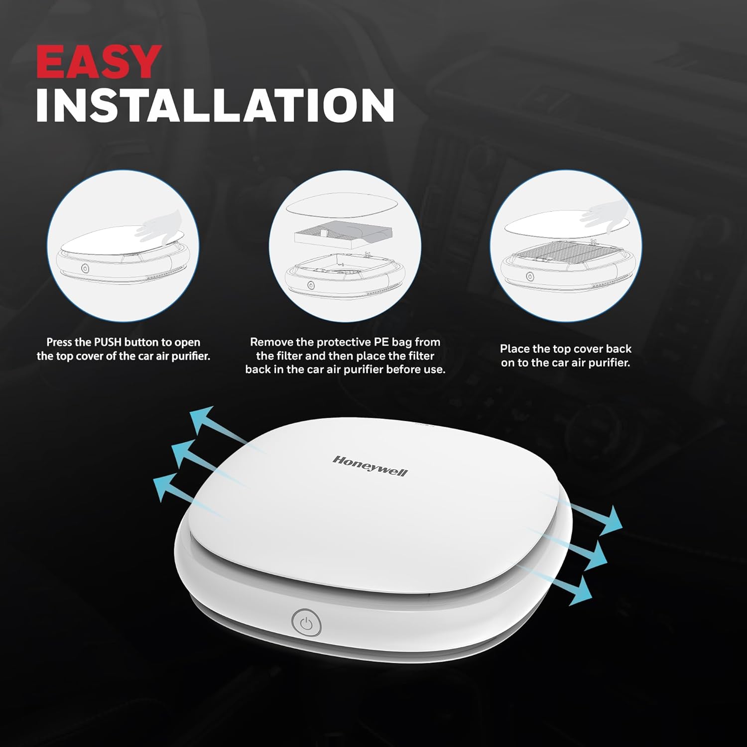 Honeywell car air purifier with installation instructions on a dark background