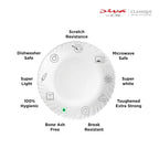 A white ceramic plate with scalloped edges shown on a white background, surrounded by feature callouts such as dishwasher safe, super light, 100% hygienic, bone ash free, break resistant, microwave safe, scratch resistance, and toughened extra strong. The Diva Classique Collection logo is visible at the top right.