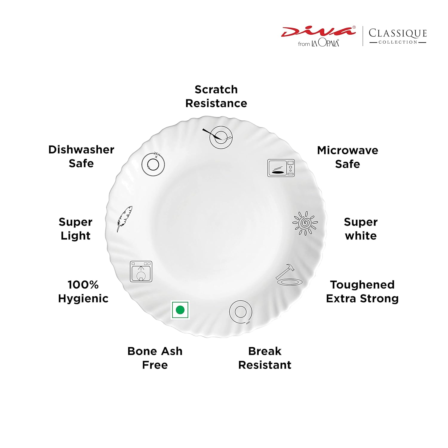 A white ceramic plate with scalloped edges shown on a white background, surrounded by feature callouts such as dishwasher safe, super light, 100% hygienic, bone ash free, break resistant, microwave safe, scratch resistance, and toughened extra strong. The Diva Classique Collection logo is visible at the top right.