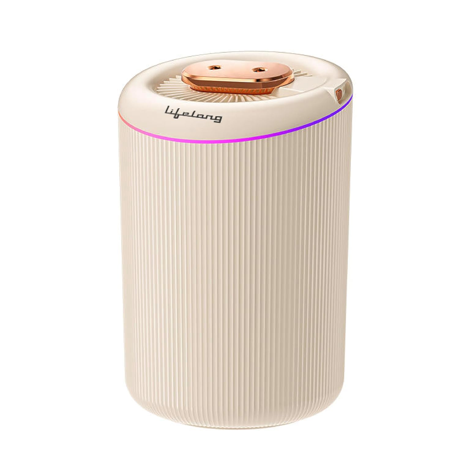 Portable USB Type-C cool mist humidifier in ivory white with a ribbed cylindrical design, rose gold top cover, and colorful LED ambient light ring. Ideal for bedrooms, offices, cars, and desktops to add moisture and improve indoor air quality.