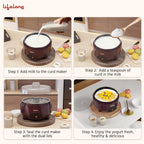 A four-step instructional collage showing how to make yogurt using a dark brown electric curd maker. Step 1 shows milk being poured into the maker, Step 2 shows curds being added to the milk, Step 3 shows the sealed curd maker, and Step 4 shows the finished yogurt with fruit on a wooden tray.