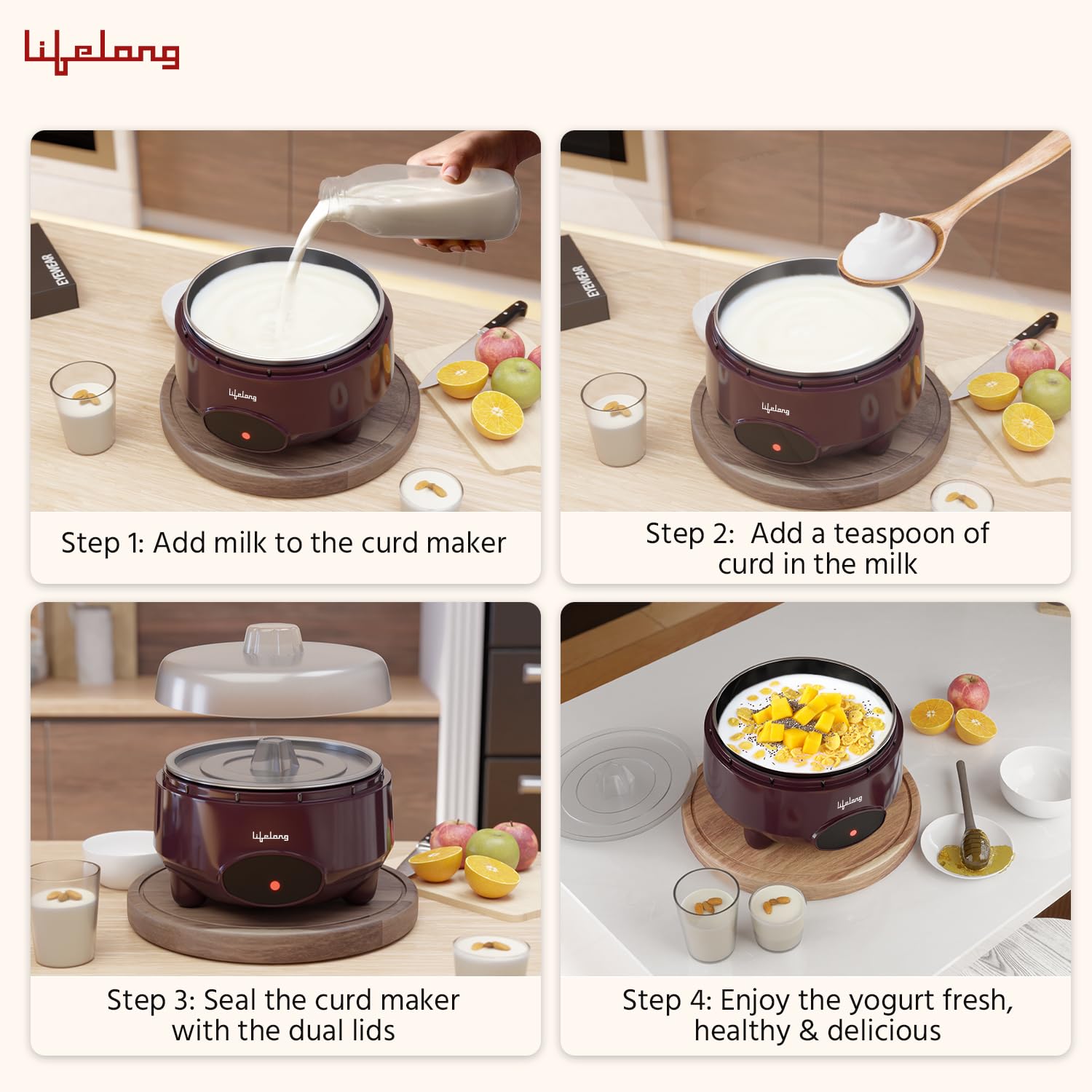 A four-step instructional collage showing how to make yogurt using a dark brown electric curd maker. Step 1 shows milk being poured into the maker, Step 2 shows curds being added to the milk, Step 3 shows the sealed curd maker, and Step 4 shows the finished yogurt with fruit on a wooden tray.