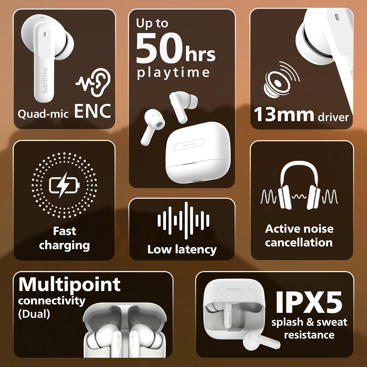 Philips TAT1050WT/94 Truly Wireless Earbuds White