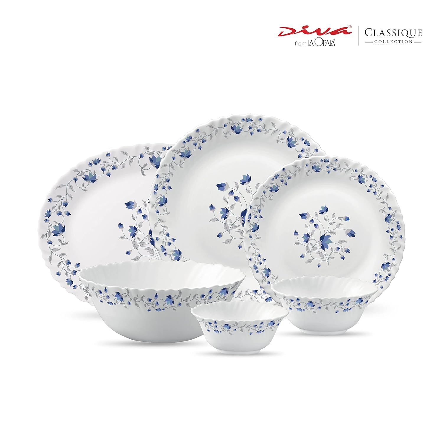 A 5-piece ceramic dinnerware set from Diva from D'Orsa in the Classique Collection, featuring white plates and bowls with a delicate blue floral pattern and scalloped edges, displayed on a clean white background.