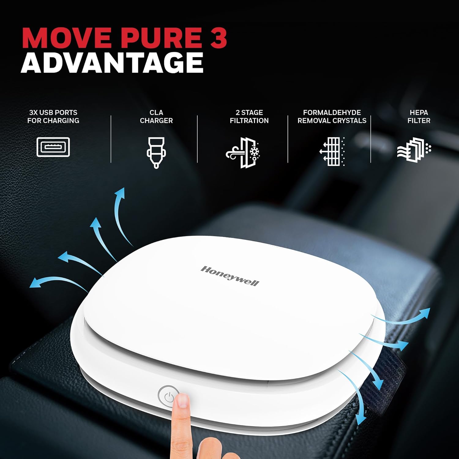 Honeywell air purifier on a car dashboard with features highlighted