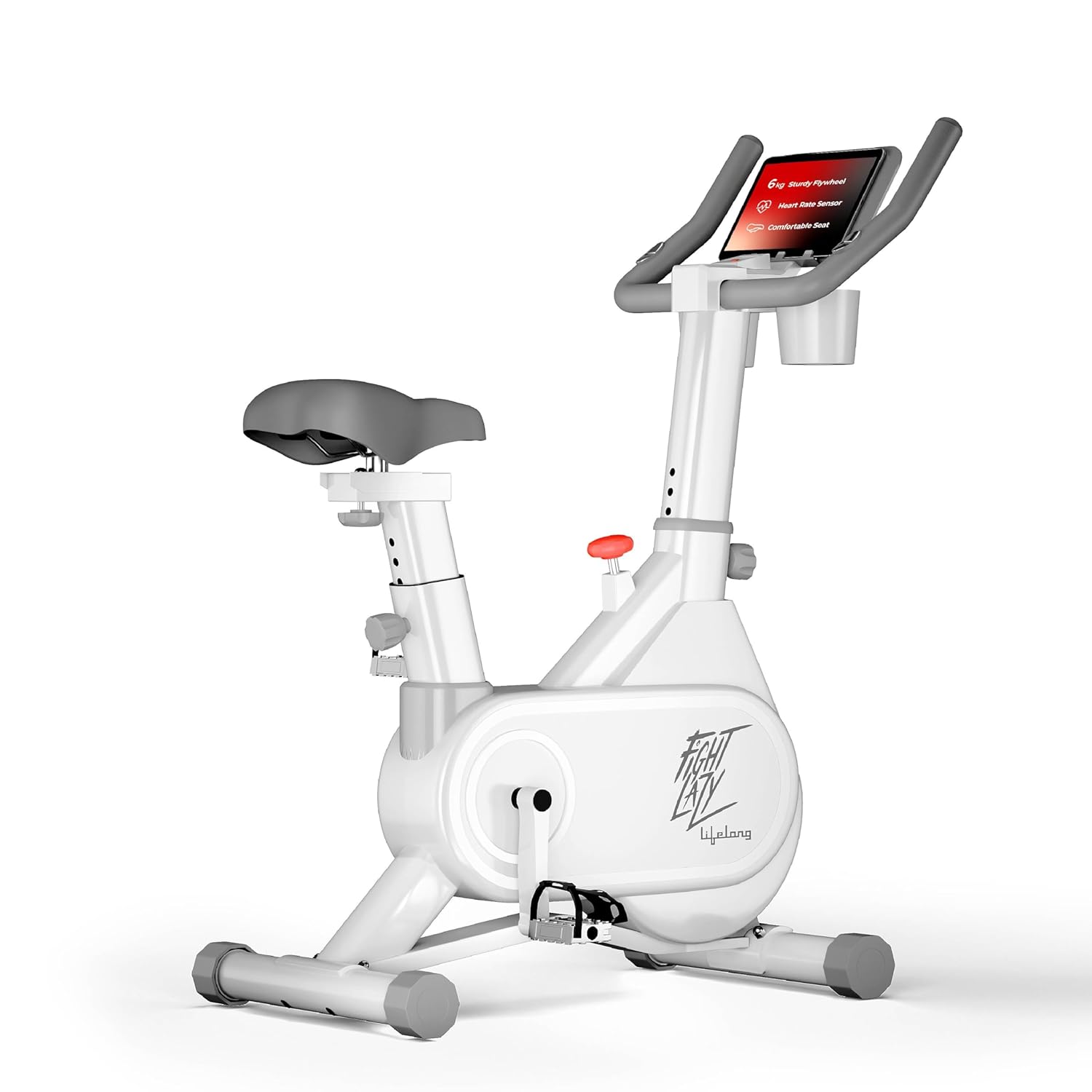 Lifelong Fit Pro Spin Fitness Bike LLSBB49 in White with adjustable resistance, heavy-duty flywheel, ergonomic adjustable seat, heart rate sensor handlebars, LCD display, and sturdy steel frame for indoor cardio workouts.