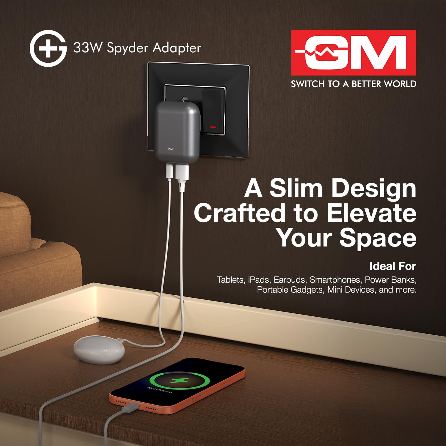 GM G+ 33W Spyder Charger | Foldable Indian Pin | Travel Friendly