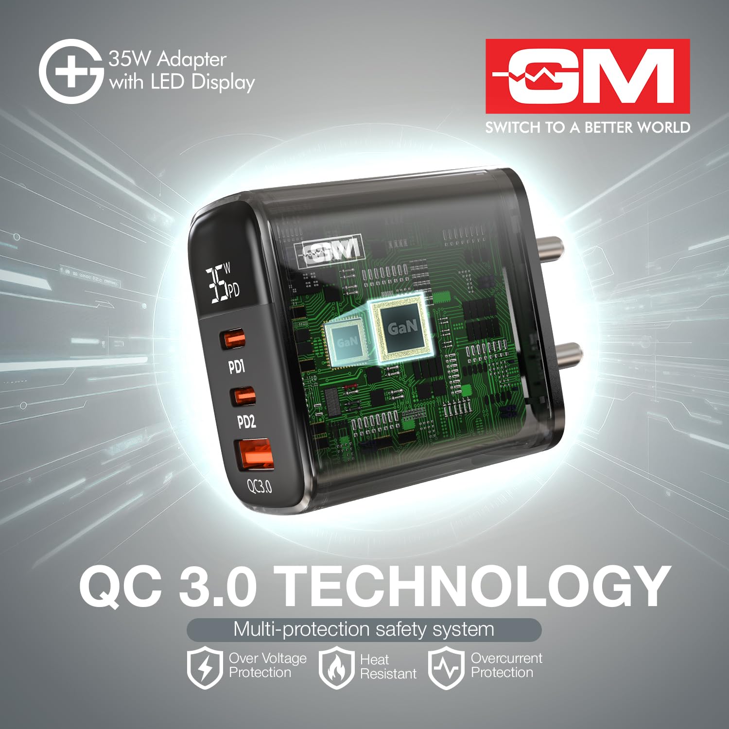 GM G+ 35W Fast Charger Adapter with Smart LED Display