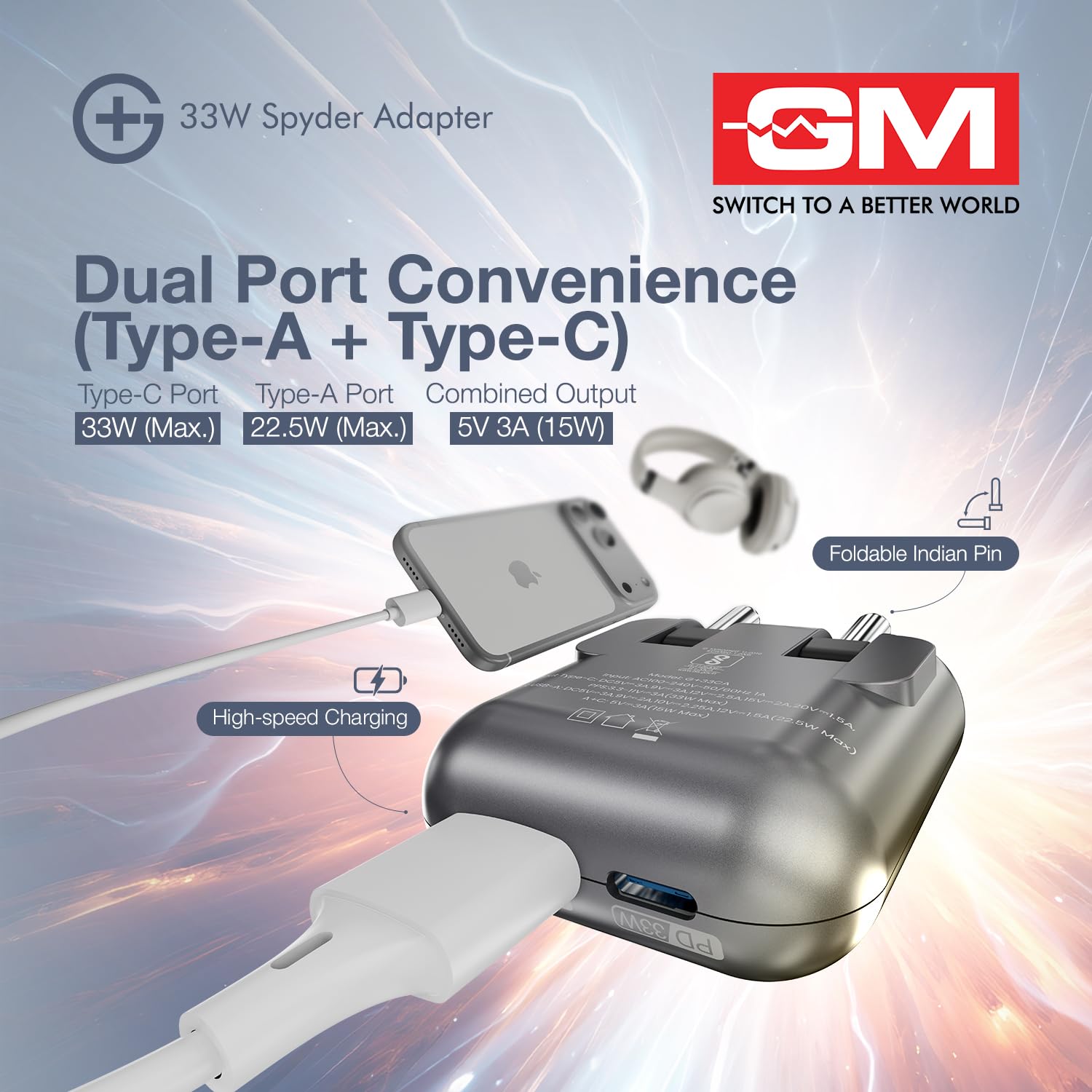 GM G+ 33W Spyder Charger | Foldable Indian Pin | Travel Friendly