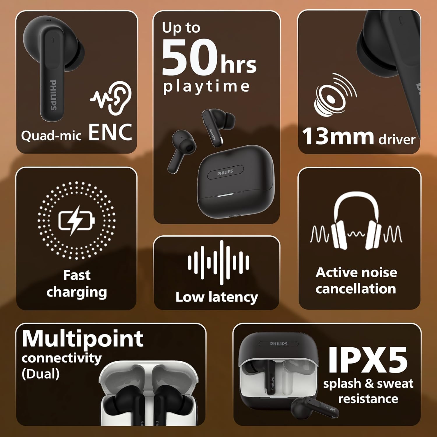 Philips TAT1050BK/94 Truly Wireless Earbuds Black