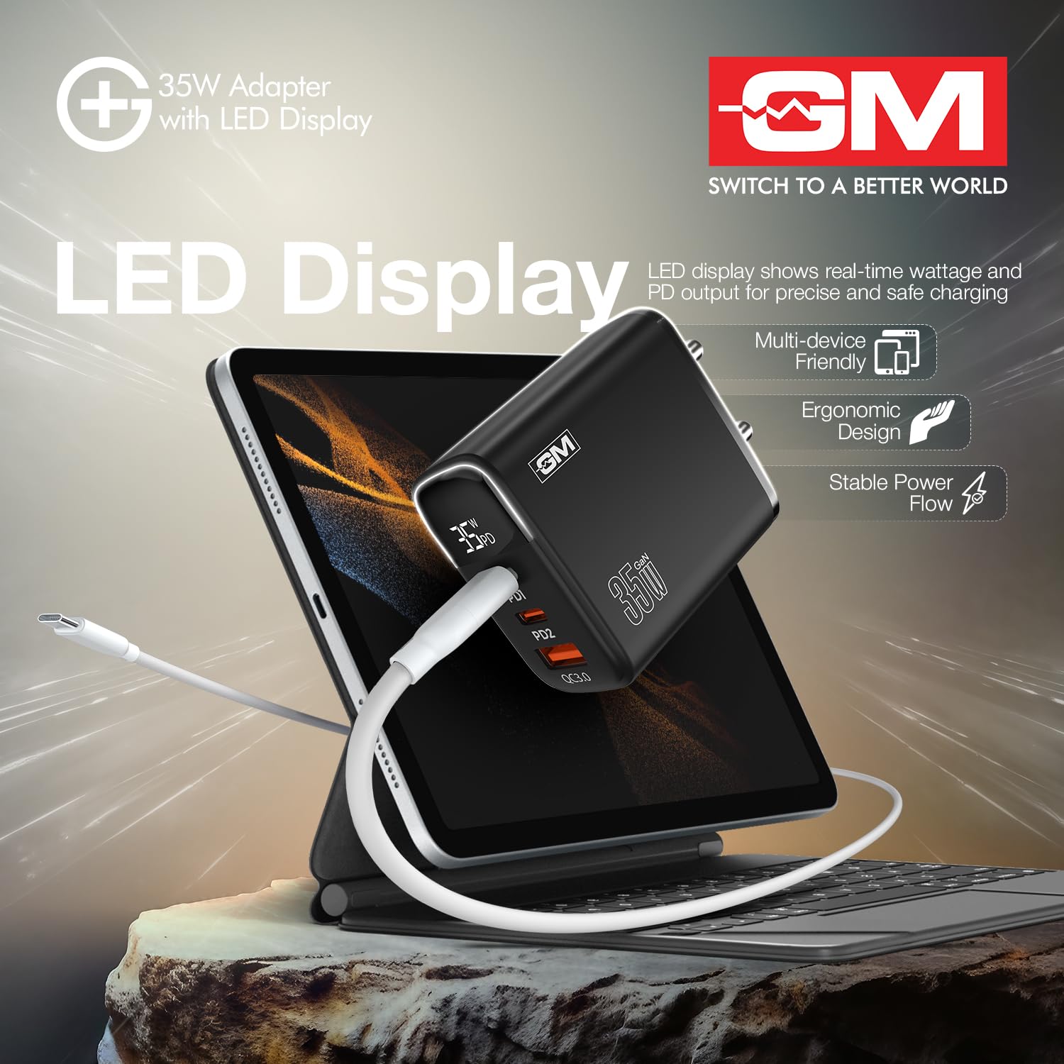 GM G+ 35W Fast Charger Adapter with Smart LED Display