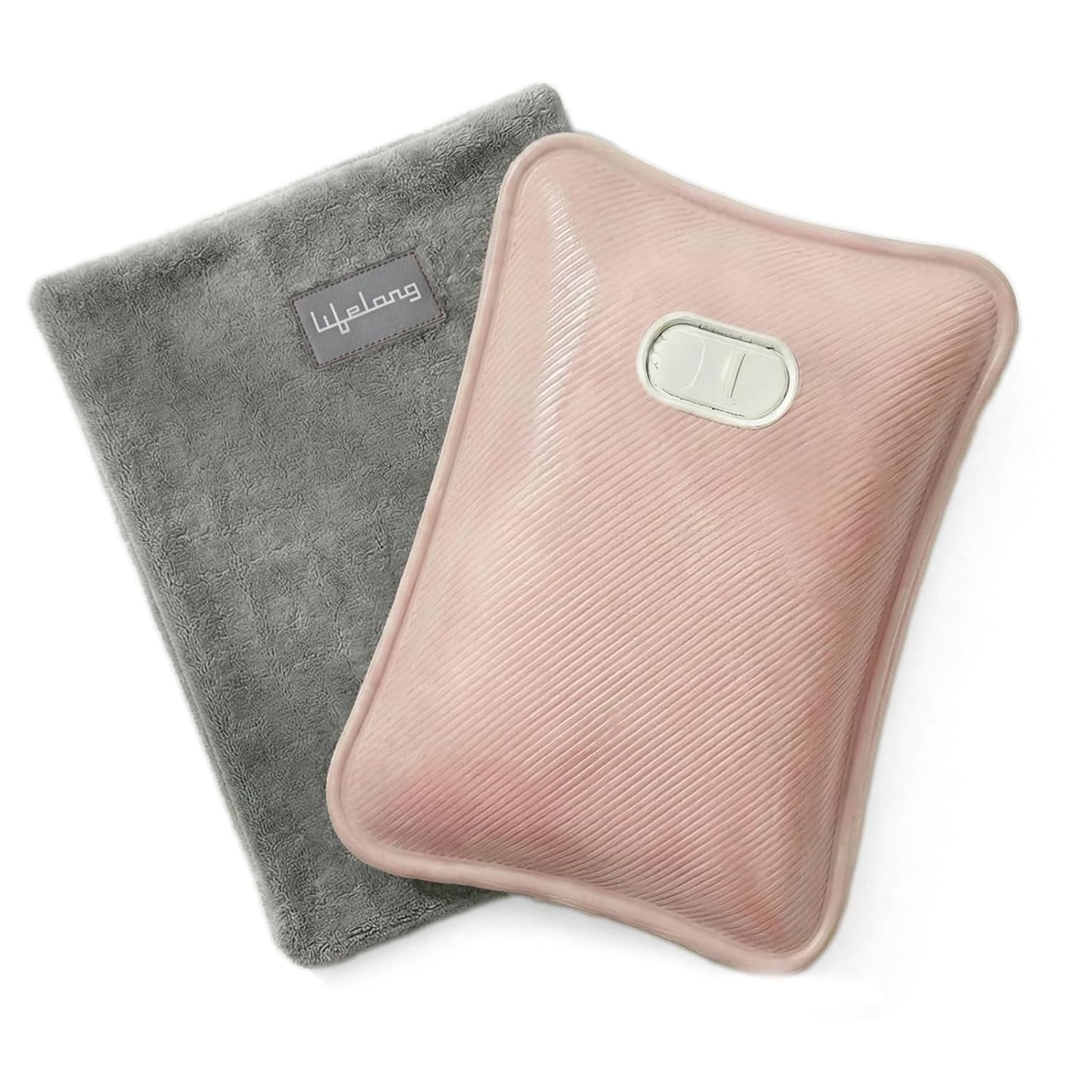 Lifelong LLM612 Rechargeable Electric Hot Water Bag with a soft grey fabric cover and pink dual-insulated heating pad, designed for heat therapy, pain relief, menstrual cramps, back pain, and muscle relaxation.
