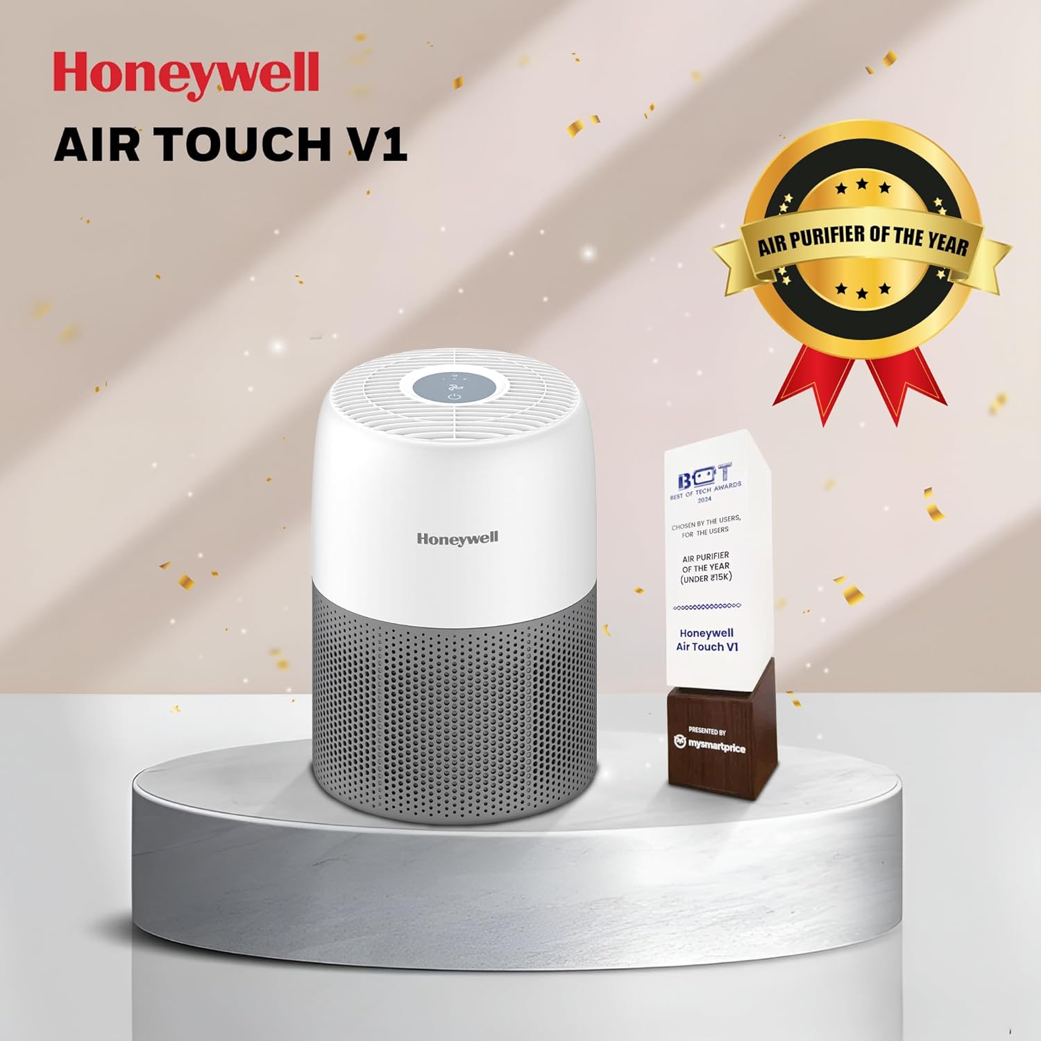 Honeywell Air Touch V1 air purifier on a white platform with an award on a beige background